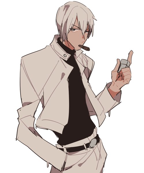 Anime picture 900x1080 with kekkai sensen studio bones zapp renfro syubare single tall image looking at viewer fringe short hair simple background hair between eyes white background white hair open jacket grey eyes hand in pocket smoking boy jacket cigar