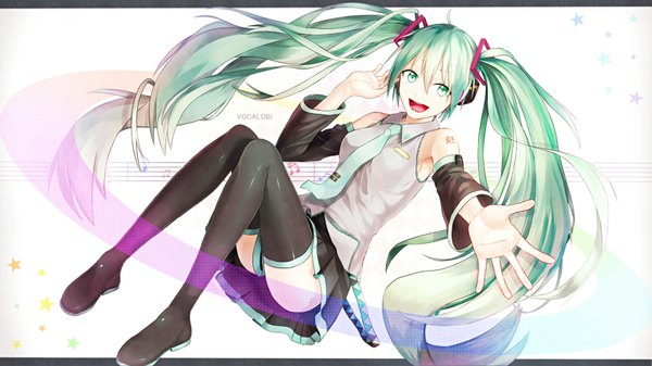 Anime picture 1920x1080 with vocaloid hatsune miku p.rupon single looking at viewer highres open mouth wide image twintails very long hair aqua eyes aqua hair girl skirt detached sleeves necktie headphones thigh boots