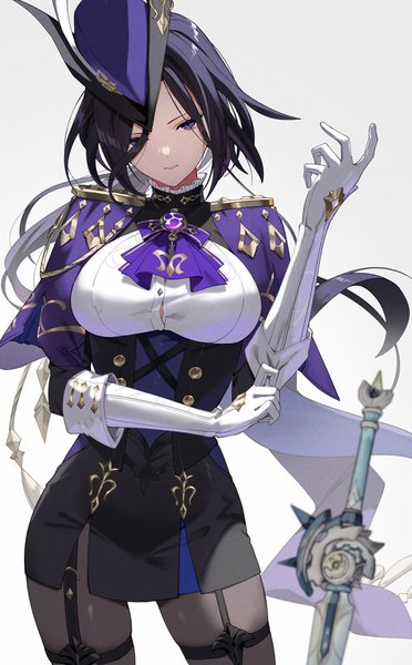 Anime picture 608x980 with genshin impact clorinde (genshin impact) scottie (phantom2) single long hair tall image looking at viewer fringe light erotic black hair simple background standing purple eyes hair over one eye grey background side slit adjusting gloves girl gloves weapon