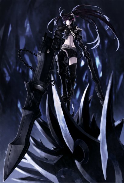 Anime picture 1633x2395 with black rock shooter insane black rock shooter lain (rinlain) single long hair tall image looking at viewer fringe twintails pink eyes glowing glowing eye (eyes) girl gloves weapon shorts boots belt short shorts thigh boots