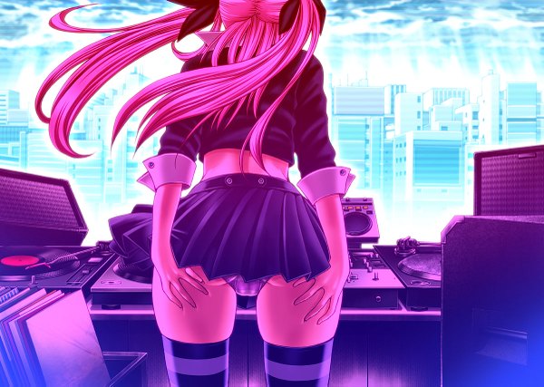 Anime picture 1200x855 with chiba toshirou single long hair light erotic twintails pink hair from behind pantyshot back girl thighhighs miniskirt striped thighhighs