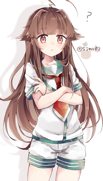 Anime picture 600x1054 with kantai collection kuma light cruiser shijima (sjmr02) single long hair tall image looking at viewer blush fringe simple background brown hair white background brown eyes signed ahoge nail polish shadow crossed arms ? girl