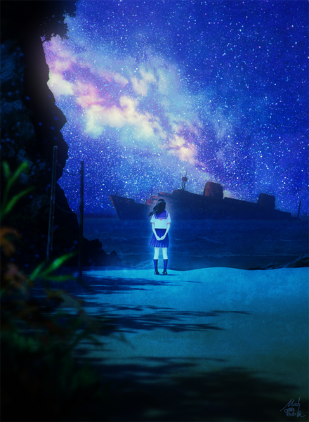 Anime picture 734x1000 with original mocha (cotton) single long hair tall image black hair standing signed full body outdoors wind from behind night shadow night sky hands behind back horizon hands clasped glow rock