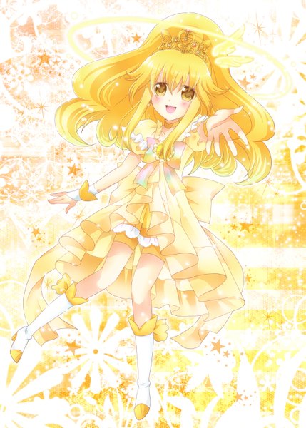 Anime picture 1037x1450 with precure smile precure! toei animation kise yayoi cure peace asahi tooru single long hair tall image blush open mouth blonde hair yellow eyes girl dress hair ornament boots tiara