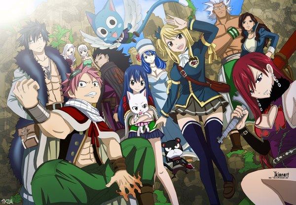 Anime picture 1799x1250 with fairy tail lucy heartfilia erza scarlet natsu dragneel gray fullbuster wendy marvell juvia lockser happy (fairy tail) mirajane strauss gajeel redfox charle (fairy tail) lisanna strauss cana alberona panther lily elfman strauss futuretabs long hair highres short hair open mouth
