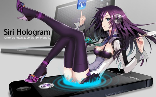 Anime picture 2560x1600 with apple inc. siri an2a single long hair highres blue eyes wide image sitting cleavage purple hair long sleeves nail polish lips high heels legs cleavage cutout reclining expressionless girl