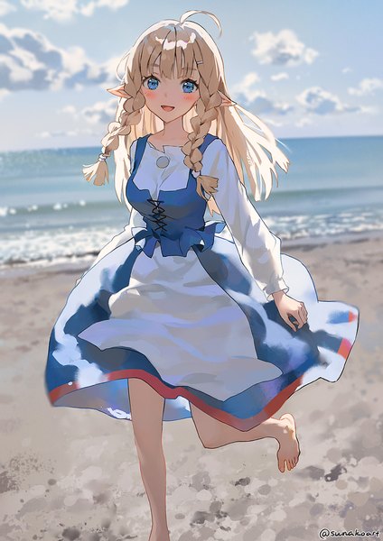 Anime picture 1158x1637 with original lyydia (sunako) sunako (veera) single long hair tall image looking at viewer open mouth blue eyes blonde hair signed sky cloud (clouds) ahoge braid (braids) :d barefoot bare legs twitter username beach