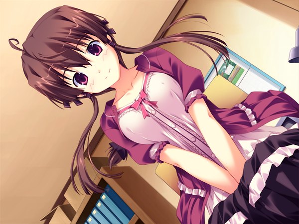 Anime picture 1024x768 with steal my heart brown hair purple eyes game cg ahoge girl