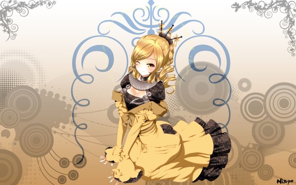 Anime picture 2560x1600 with ninpo (artist) single long hair looking at viewer blush highres breasts blonde hair wide image yellow eyes one eye closed wink drill hair girl dress hair ornament choker hairclip