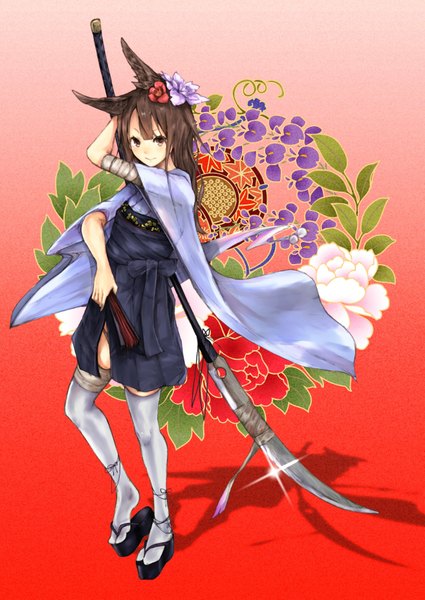 Anime picture 1313x1853 with original yamazaki haru single long hair tall image looking at viewer highres smile standing brown eyes animal ears japanese clothes shadow red background girl hair ornament flower (flowers) weapon shoes fan