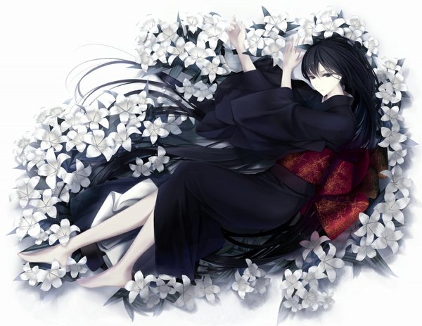 Anime picture 1024x791 with original erise single long hair black hair simple background white background traditional clothes japanese clothes black eyes girl flower (flowers) kimono obi
