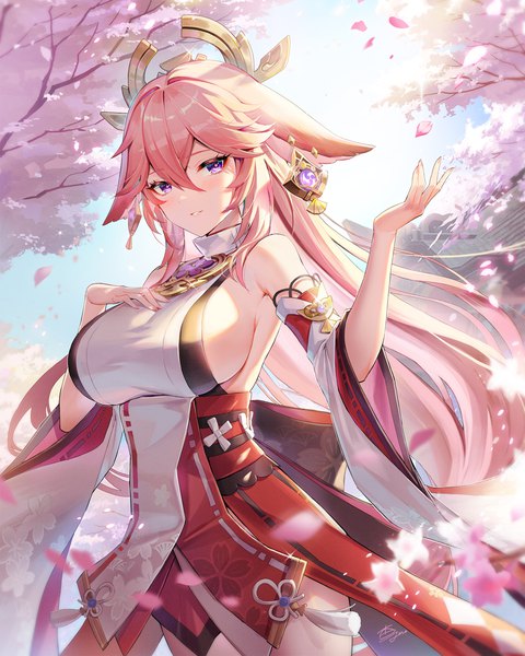 Anime picture 1000x1249 with genshin impact yae miko anzumame single long hair tall image looking at viewer blush fringe breasts light erotic hair between eyes large breasts standing purple eyes signed animal ears pink hair outdoors nail polish