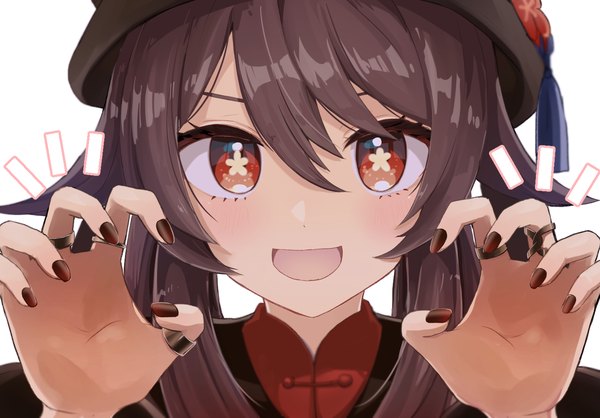 Anime picture 1436x1000 with genshin impact hu tao (genshin impact) shironashiro p single long hair looking at viewer blush fringe open mouth simple background hair between eyes red eyes brown hair white background twintails nail polish :d fingernails arms up symbol-shaped pupils