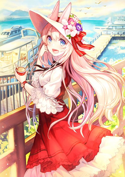 Anime picture 735x1040 with original pierorabu single long hair tall image looking at viewer blush fringe open mouth blue eyes smile hair between eyes standing holding pink hair sky cloud (clouds) :d wind sunlight