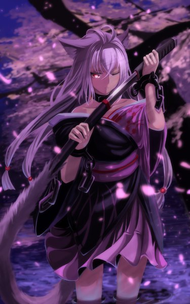 Anime-Bild 1440x2304 mit original mikisai single long hair tall image looking at viewer fringe hair between eyes red eyes standing bare shoulders animal ears silver hair outdoors tail traditional clothes japanese clothes animal tail one eye closed wind