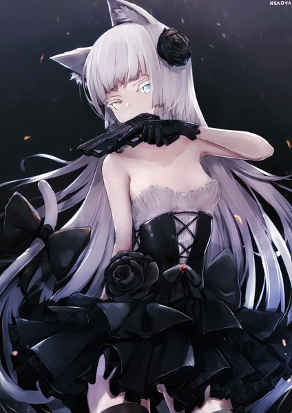 Anime picture 2894x4093 with girls frontline original awp (girls frontline) (nekoya (liu)) nekoya (liu) single long hair tall image looking at viewer fringe highres blue eyes light erotic standing bare shoulders holding signed animal ears yellow eyes silver hair tail