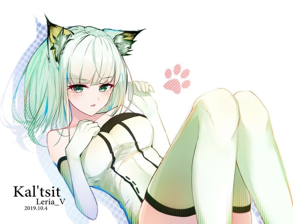 Anime picture 1500x1152 with arknights kal'tsit (arknights) leria v single long hair looking at viewer blush fringe breasts open mouth simple background large breasts white background bare shoulders green eyes signed animal ears bent knee (knees) lying blunt bangs