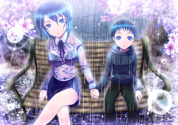 Anime picture 1920x1357 with original sai-caster (artist) looking at viewer highres short hair blue eyes sitting blue hair pleated skirt crossed legs cherry blossoms holding hands rain wet clothes girl boy plant (plants) tree (trees) bubble (bubbles) bench