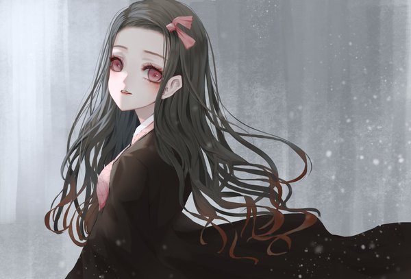 Anime picture 2269x1540 with kimetsu no yaiba ufotable kamado nezuko wuyu single long hair looking at viewer highres black hair simple background upper body traditional clothes parted lips japanese clothes pink eyes turning head gradient hair girl ribbon (ribbons) hair ribbon