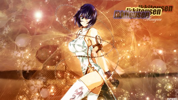 Anime picture 1600x900 with ikkitousen ryomou shimei single looking at viewer short hair breasts light erotic wide image green eyes blue hair chinese clothes girl thighhighs gloves white thighhighs chain eyepatch chinese dress handcuffs
