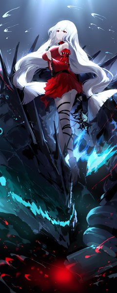 Anime picture 1000x2500 with arknights skadi (arknights) skadi the corrupting heart (arknights) an yasuri single long hair tall image fringe breasts light erotic hair between eyes red eyes large breasts standing twintails holding ass white hair wide sleeves floating hair