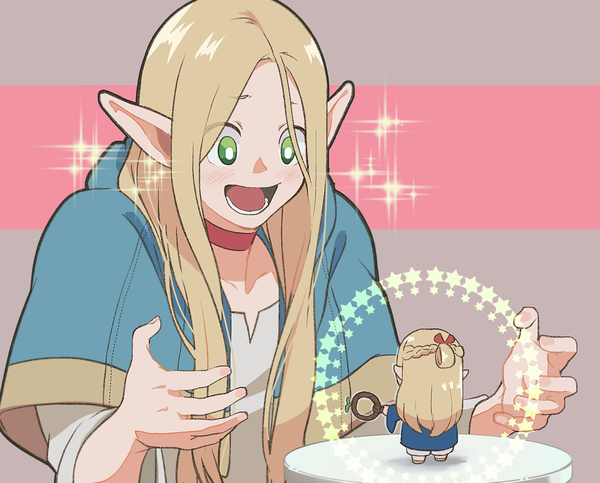 Anime picture 1200x965 with dungeon meshi studio trigger marcille donato b-saku long hair open mouth blonde hair green eyes upper body :d pointy ears sparkle looking down dual persona minigirl girl choker
