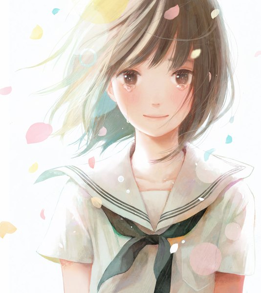 Anime picture 900x1010 with original nakamura hinata single tall image looking at viewer blush fringe short hair brown hair white background brown eyes upper body light smile wind short sleeves tears portrait girl uniform petals