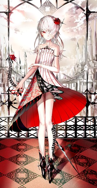 Anime picture 999x1938 with original rooseputo 02 single long hair tall image looking at viewer fringe open mouth hair between eyes red eyes standing bare shoulders sky cloud (clouds) full body white hair nail polish hair flower hair over one eye high heels