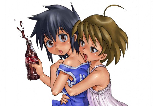 Anime picture 1200x836 with coca-cola short hair black hair brown hair white background brown eyes ahoge couple dress boys' empire