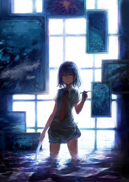 Anime picture 2480x3508 with original oekaki musume (qpixiv) silverwing single tall image looking at viewer highres short hair standing signed pleated skirt bare legs wet skirt lift wet clothes painting girl skirt shirt water