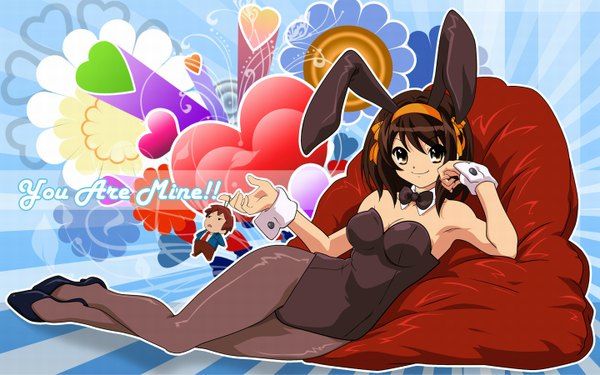 Anime picture 1440x900 with suzumiya haruhi no yuutsu kyoto animation suzumiya haruhi kyon wide image bunny girl girl bunnysuit