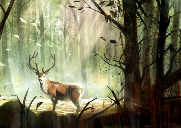 Anime picture 1500x1061 with original feigiap sunlight nature plant (plants) tree (trees) forest deer