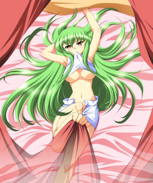 Anime picture 1413x1690 with code geass sunrise (studio) c.c. ka2 (artist) long hair tall image breasts light erotic bent knee (knees) lying barefoot green hair from above arms up bare belly bare legs armpit (armpits) midriff on back orange eyes
