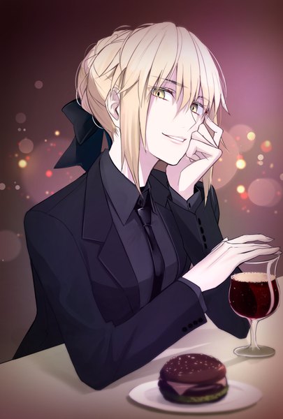 Anime picture 676x1000 with fate (series) fate/grand order artoria pendragon (all) saber alter shijiu (adamhutt) single tall image looking at viewer fringe short hair blonde hair simple background smile hair between eyes sitting yellow eyes payot parted lips lens flare chin rest