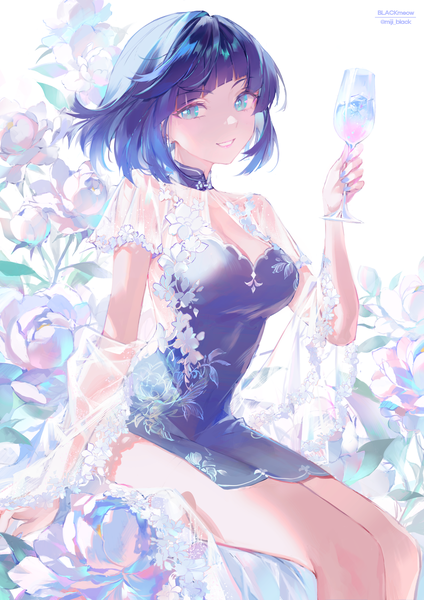 Anime picture 2480x3508 with genshin impact yelan (genshin impact) miji black single tall image looking at viewer fringe highres short hair blue eyes smile sitting holding blue hair cleavage traditional clothes alternate costume grin chinese clothes floral background