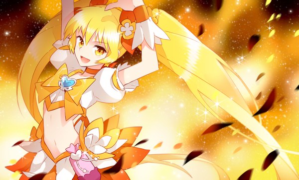 Anime picture 1920x1164 with futari wa pretty cure pixiv myoudouin itsuki cure sunshine nardack single long hair highres blonde hair wide image twintails yellow eyes girl bow heart wrist cuffs