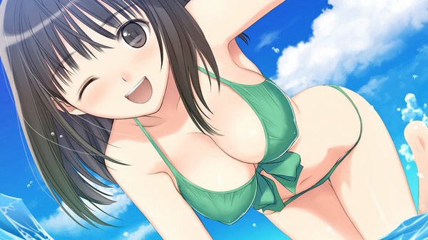 Anime picture 1920x1080 with fault!! saeki ai tony taka blush highres short hair breasts open mouth light erotic black hair wide image brown eyes cloud (clouds) one eye closed wink girl swimsuit bikini