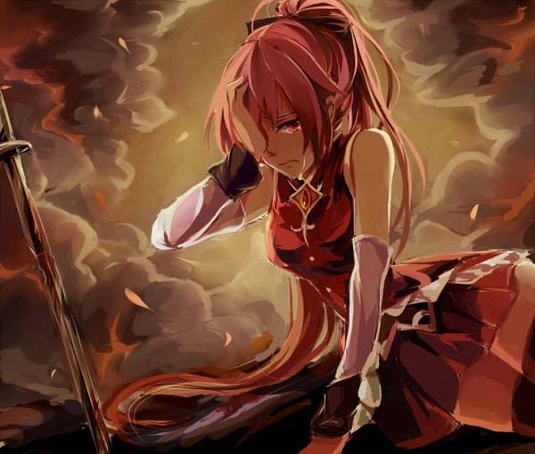 Anime picture 800x680 with mahou shoujo madoka magica shaft (studio) sakura kyouko tadashi-kun single long hair looking at viewer fringe hair between eyes red eyes ahoge ponytail red hair tears hand on face magical girl girl skirt weapon detached sleeves