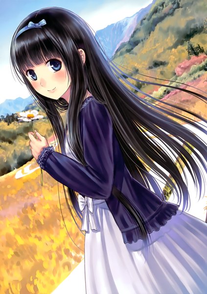 Anime picture 2114x3000 with original kazuharu kina single long hair tall image looking at viewer blush highres blue eyes black hair girl dress flower (flowers) hairband