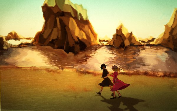 Anime picture 1114x700 with touhou usami renko maribel hearn maribel han nishio short hair black hair blonde hair multiple girls sky black eyes beach holding hands evening sunset walking scenic girl dress skirt