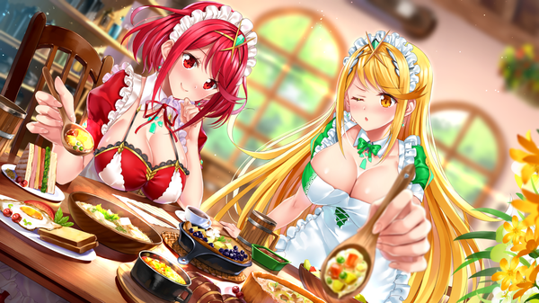 Anime picture 1920x1080 with xenoblade xenoblade 2 pyra (xenoblade) mythra (xenoblade) swordsouls long hair blush fringe highres short hair breasts open mouth light erotic blonde hair smile red eyes wide image large breasts standing sitting