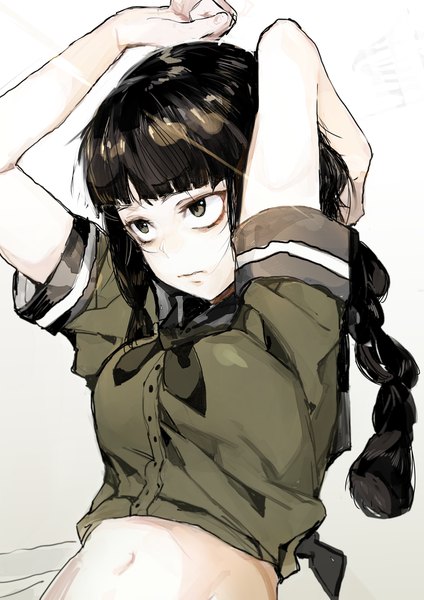 Anime picture 2894x4093 with kantai collection kitakami light cruiser hiranko single long hair tall image fringe highres black hair simple background white background looking away upper body blunt bangs braid (braids) black eyes bare belly arm behind head girl uniform