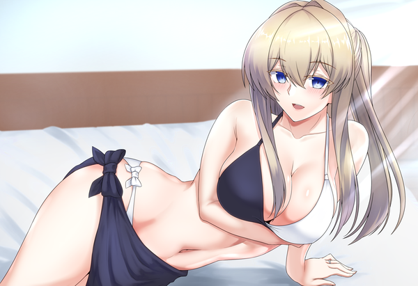 Anime picture 1750x1200 with kantai collection graf zeppelin (kantai collection) carmine (ucdio) single long hair looking at viewer blush fringe highres breasts open mouth blue eyes light erotic blonde hair hair between eyes large breasts twintails bare shoulders indoors lying