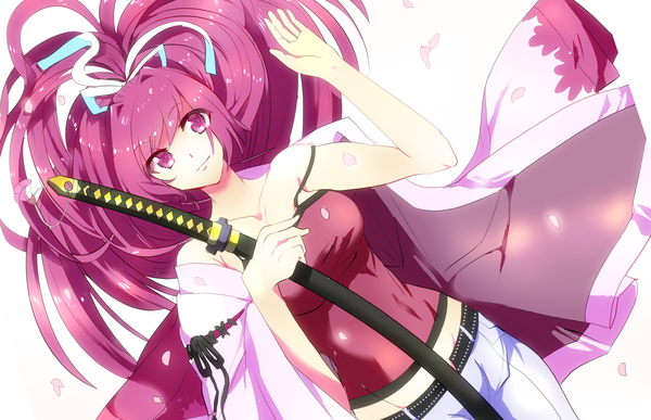 Anime picture 2095x1352 with under night in-birth yuzuriha (under night in-birth) maduzu (artist) single long hair highres smile bare shoulders looking away pink hair lying pink eyes midriff on back groin sheathed girl weapon petals sword