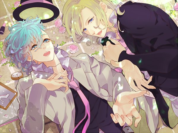 Anime picture 1100x825 with uta no prince-sama a-1 pictures mikaze ai camus short hair open mouth blue eyes blonde hair lying aqua eyes sunlight aqua hair open clothes open jacket multiple boys lipstick outstretched arm boy flower (flowers) hat