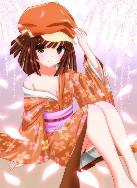 Anime picture 1113x1522 with bakemonogatari shaft (studio) monogatari (series) sengoku nadeko machikado no boushiya single tall image blush short hair light erotic brown hair brown eyes japanese clothes girl petals kimono flat cap