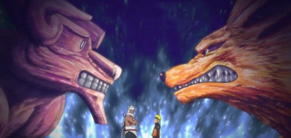 Anime picture 1920x915 with naruto studio pierrot naruto (series) uzumaki naruto kurama (kyuubi) killer bee gyuuki (hachibi) highres short hair blonde hair wide image white hair teeth grin dark skin face to face sharp teeth jinchuriki bijuu boy