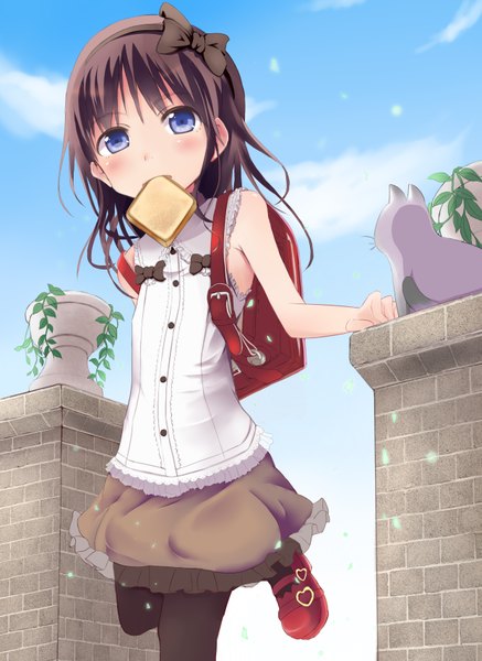 Anime picture 2487x3415 with original wakamizu long hair tall image blush highres blue eyes brown hair mouth hold toast in mouth girl skirt miniskirt food cat backpack randoseru toast