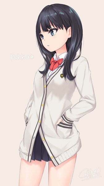 Anime picture 900x1600 with gridman universe ssss.gridman studio trigger takarada rikka coffee-kizoku single long hair tall image blush fringe blue eyes black hair simple background standing white background signed looking away character names hands in pockets girl