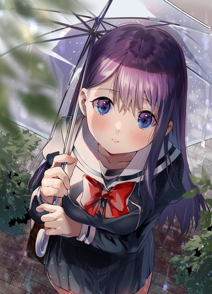 Anime picture 3253x4510 with original geshumaro single long hair tall image looking at viewer blush fringe highres breasts blue eyes hair between eyes standing holding absurdres purple hair outdoors long sleeves parted lips pleated skirt